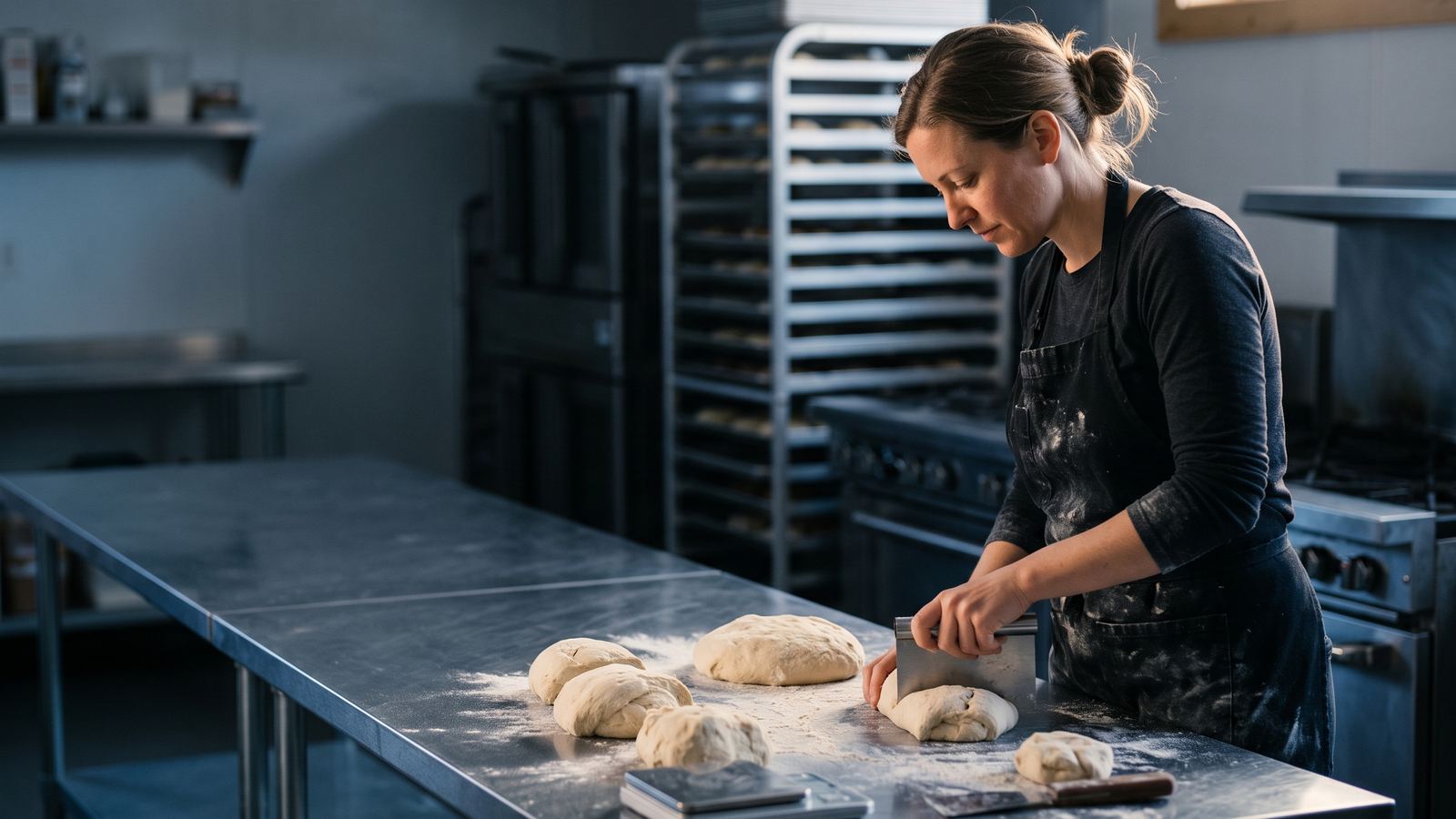 A baker portions dough on a steel prep table in a shared commercial kitchen